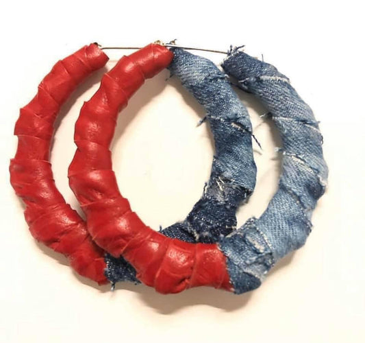 Red leather /Denim Earrings